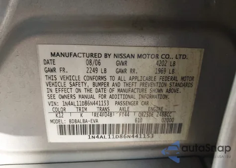 2006 Nissan Altima 2.5 S z USA, uszkodzony, nr VIN 1N4AL11D86N441153